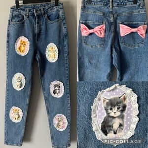 Hot Topic Sweet Society Cat Portrait Bow Mom Jeans Kitty Dollies Lace pink 27” 🎀